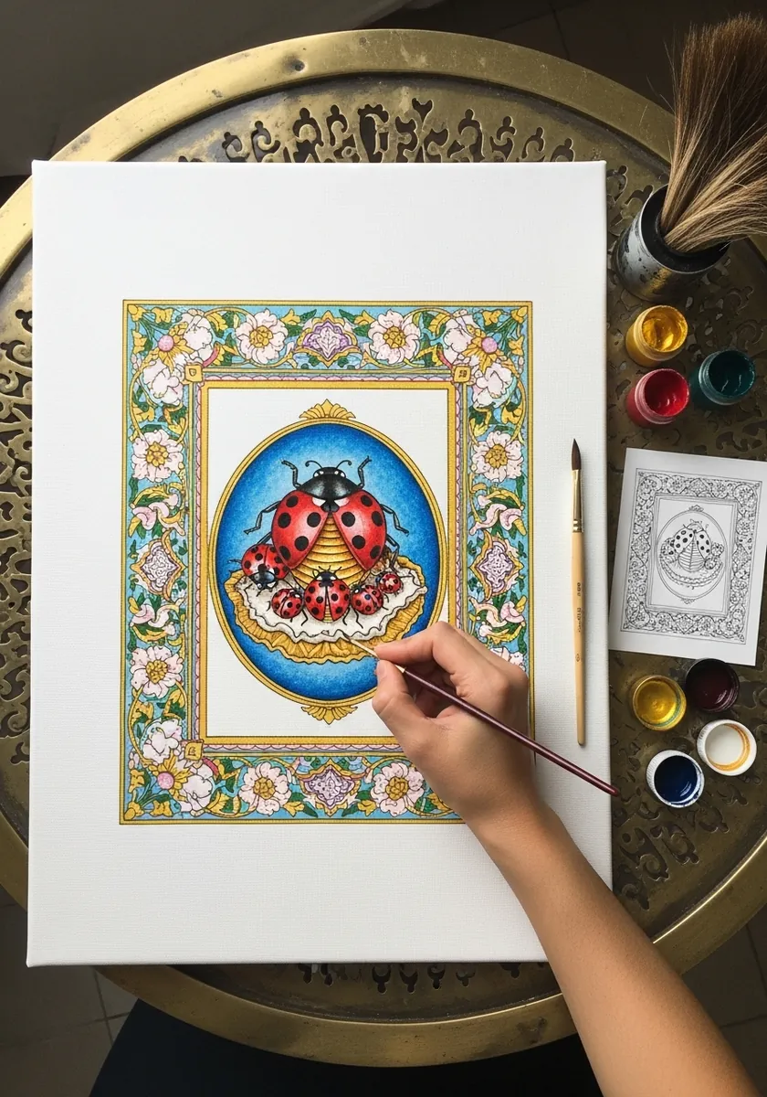 Ornate framed ladybug painted in an illuminated manuscript style with gold border