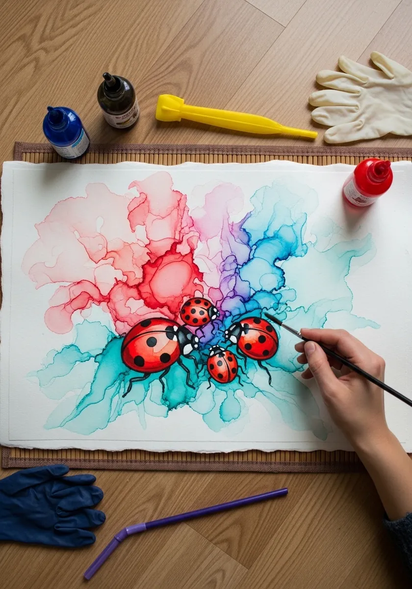 Alcohol ink painting with red and teal blooms surrounding two dark ladybugs