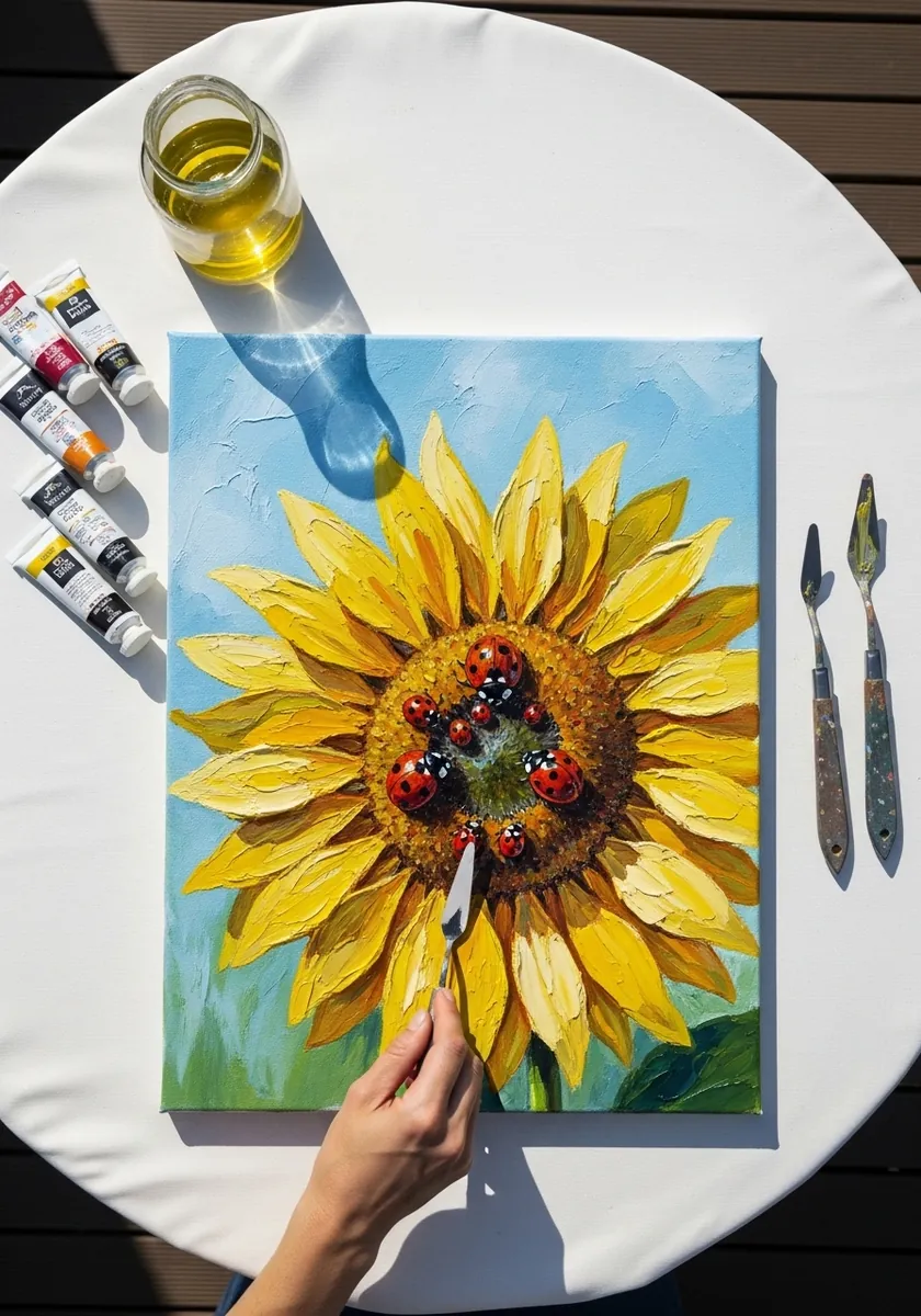 Acrylic painting of ladybugs crawling across the dark center of a sunflower