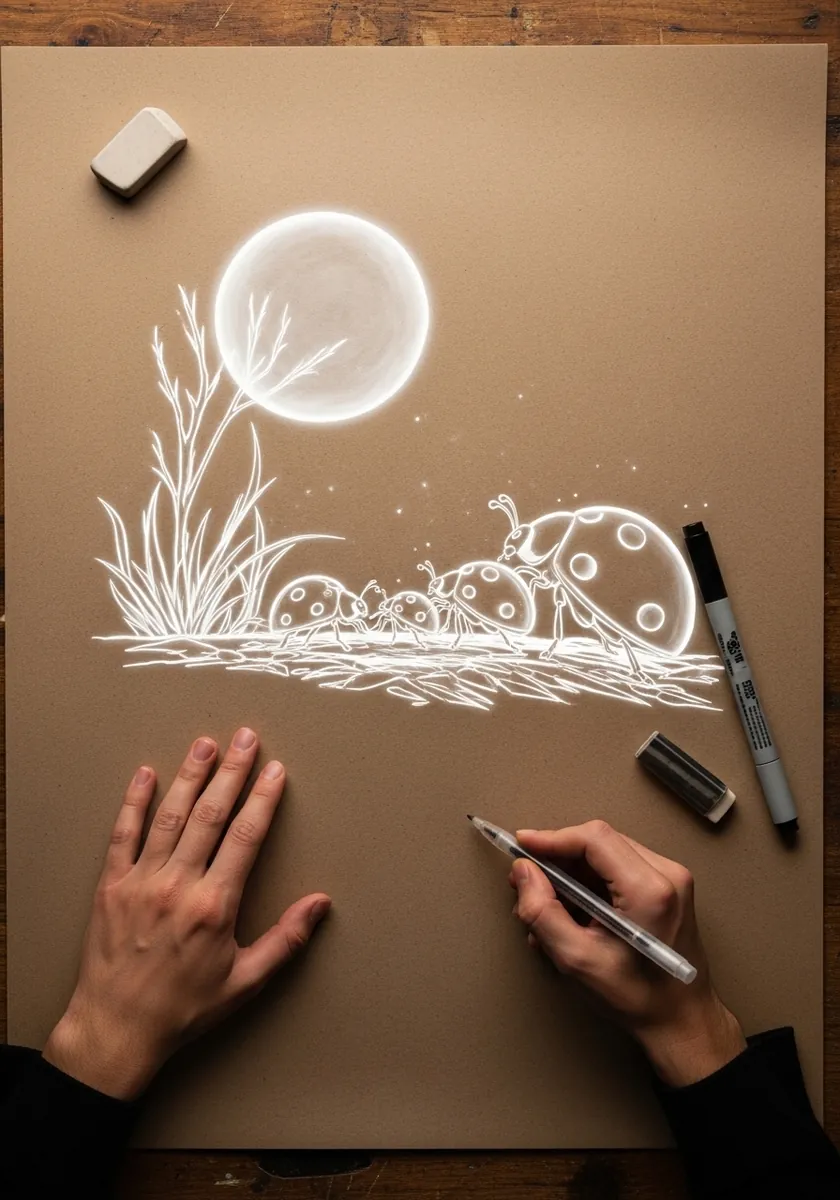White line drawing of a ladybug and grasses on warm brown kraft paper
