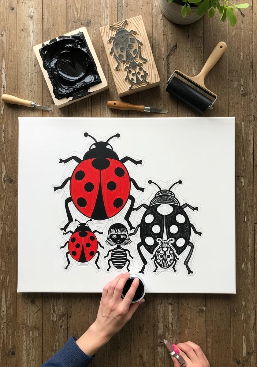 Bold block printed ladybug family in red and black on white paper