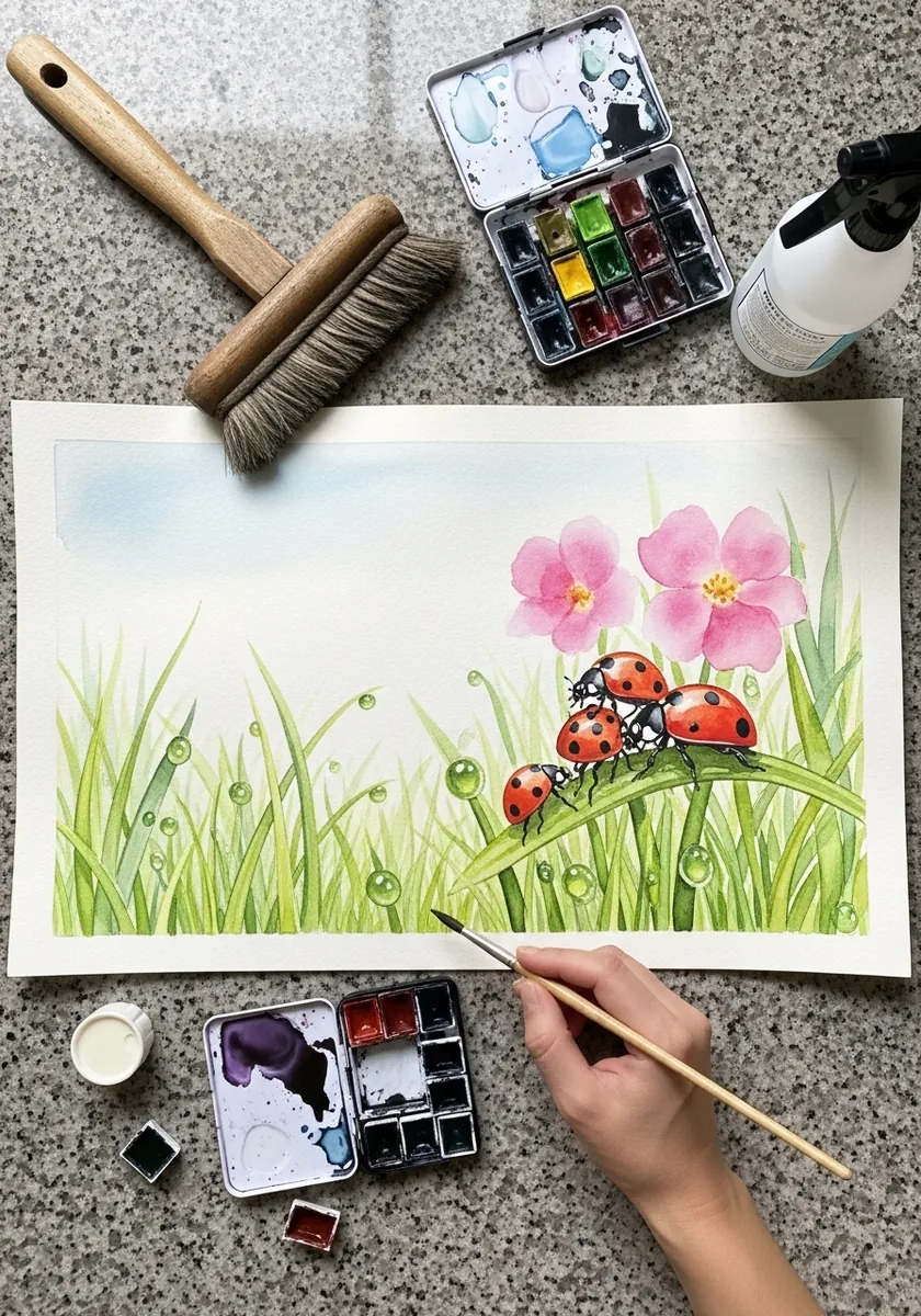 Loose watercolor ladybugs among green grass blades and small pink flowers