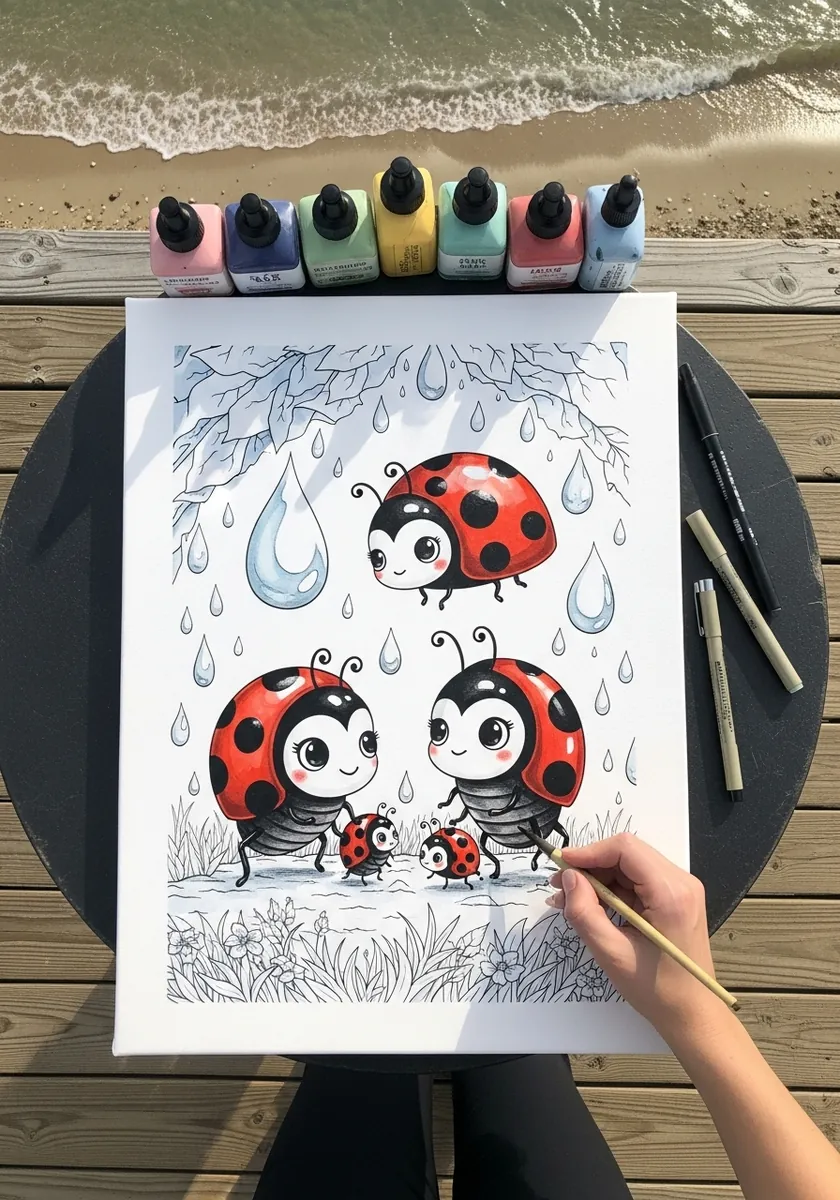 Ink cartoon ladybug family with big eyes under falling raindrops