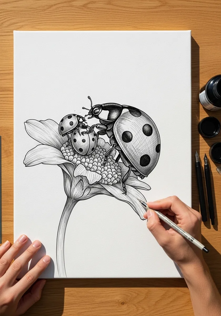 Detailed black and white pencil drawing of ladybugs resting on a lily flower