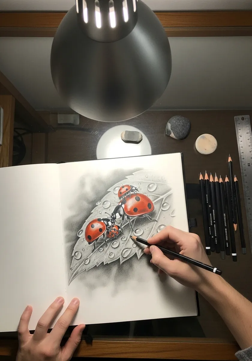 Highly detailed graphite ladybugs on a textured leaf with fine shading
