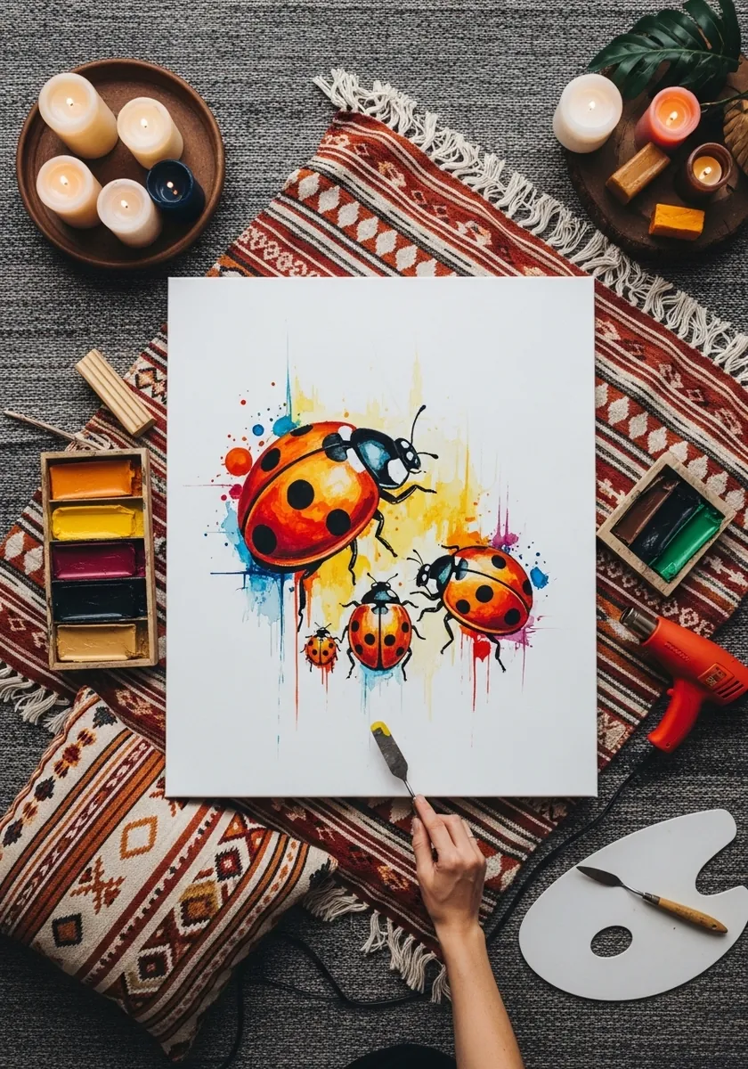 Vivid ladybugs painted with splattered red and yellow ink on textured paper