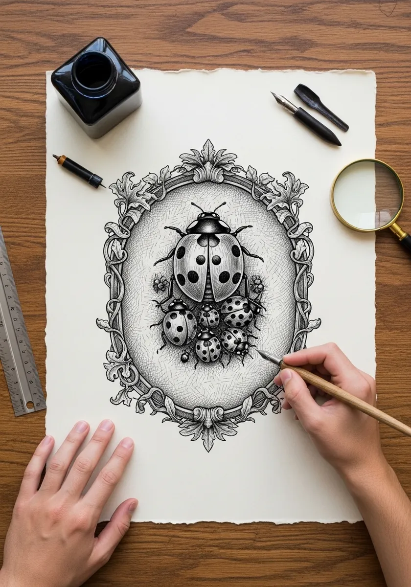 Fine ink ladybug drawn in engraving style inside an oval decorative border