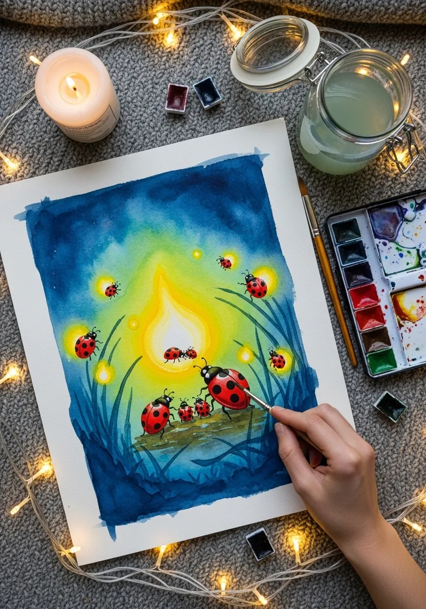 Deep blue watercolor night scene with ladybugs lit by a warm glow in the grass