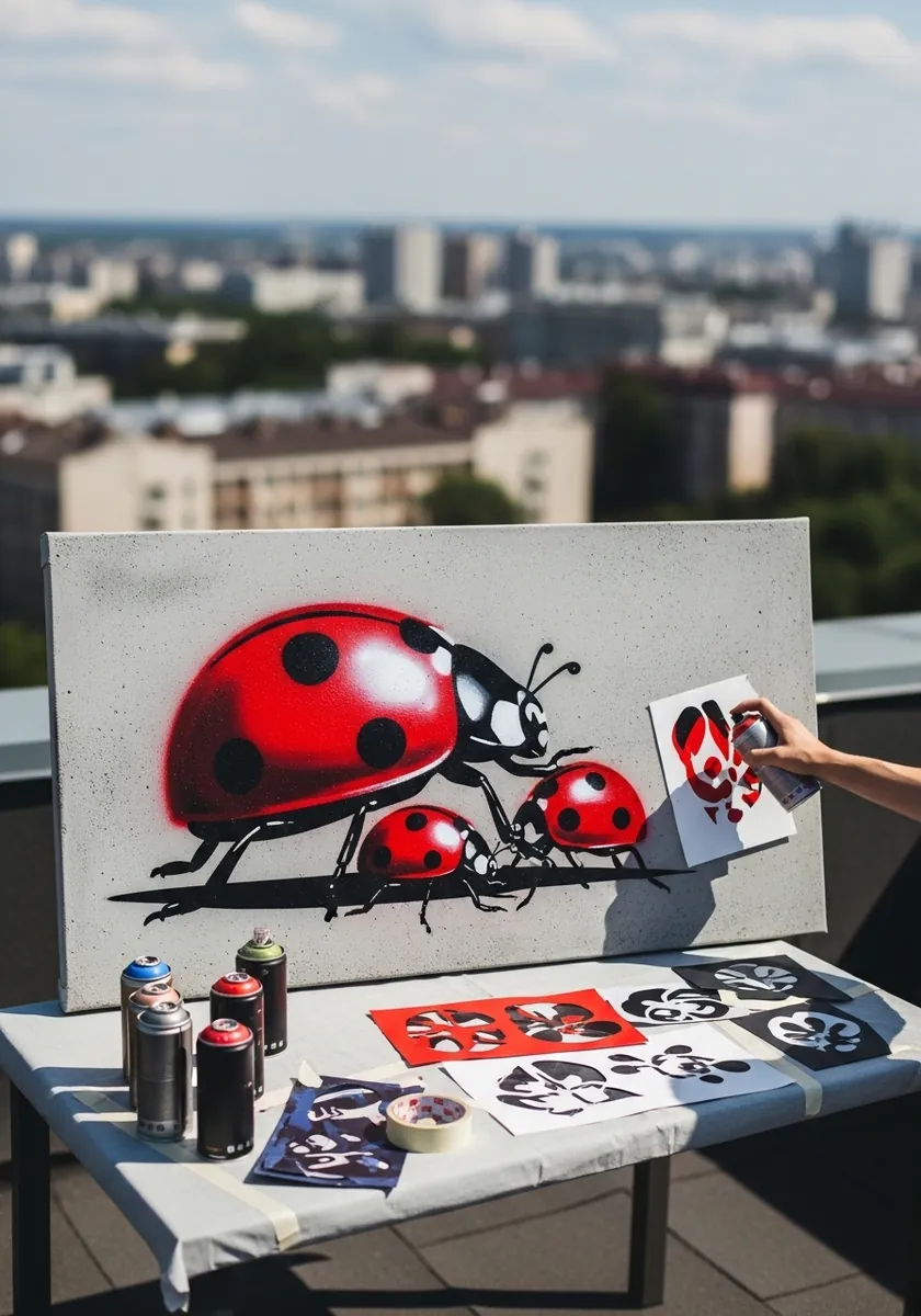 Large red acrylic ladybug painted boldly on canvas from a small reference