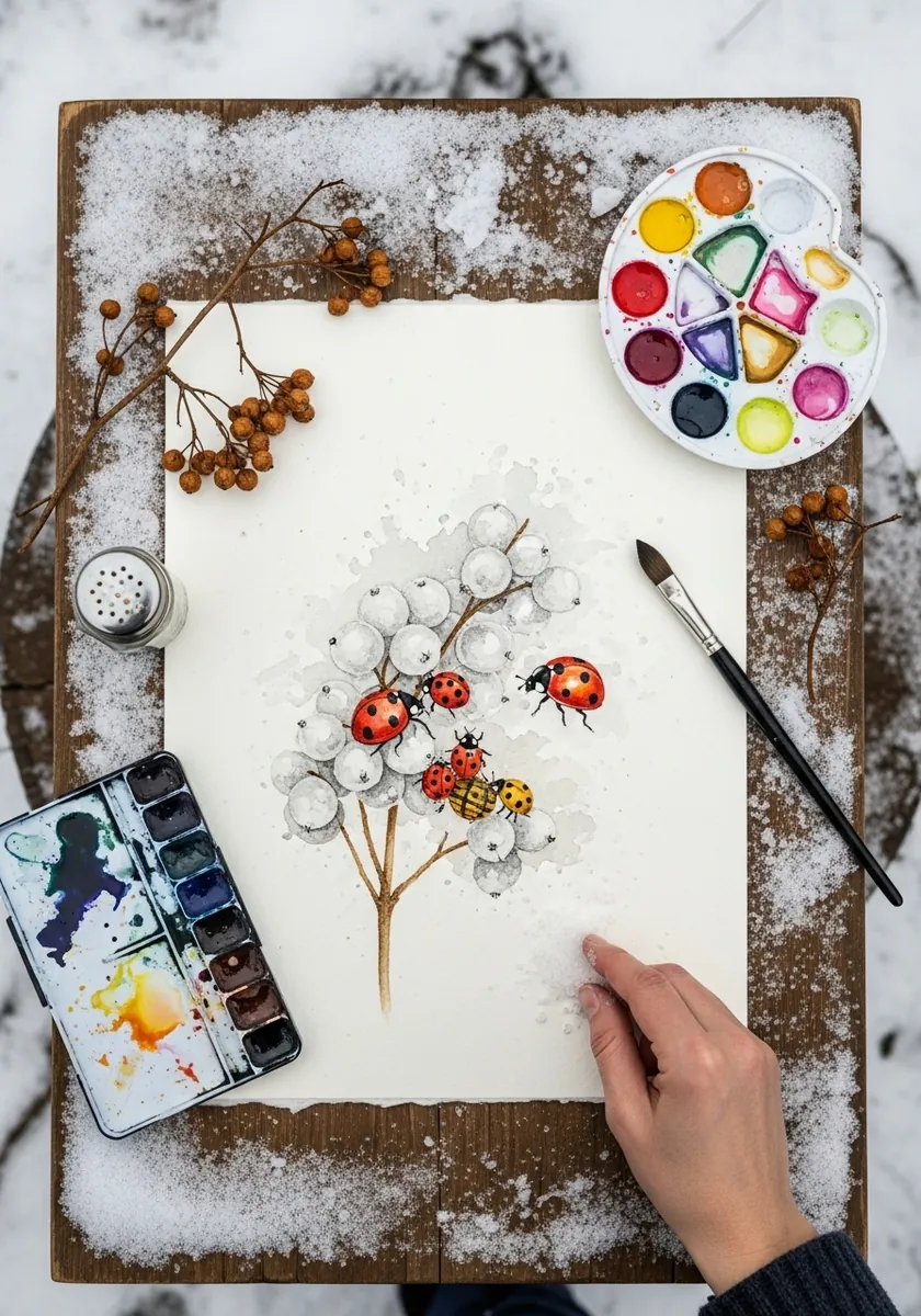 Watercolor ladybugs on white snowberries against snow with muted colors