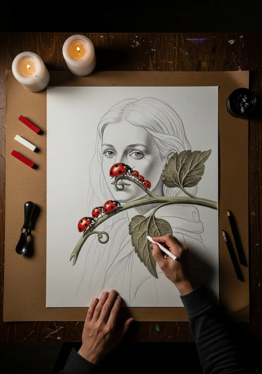 Colored pencil portrait of a woman beside a leaf carrying several ladybugs