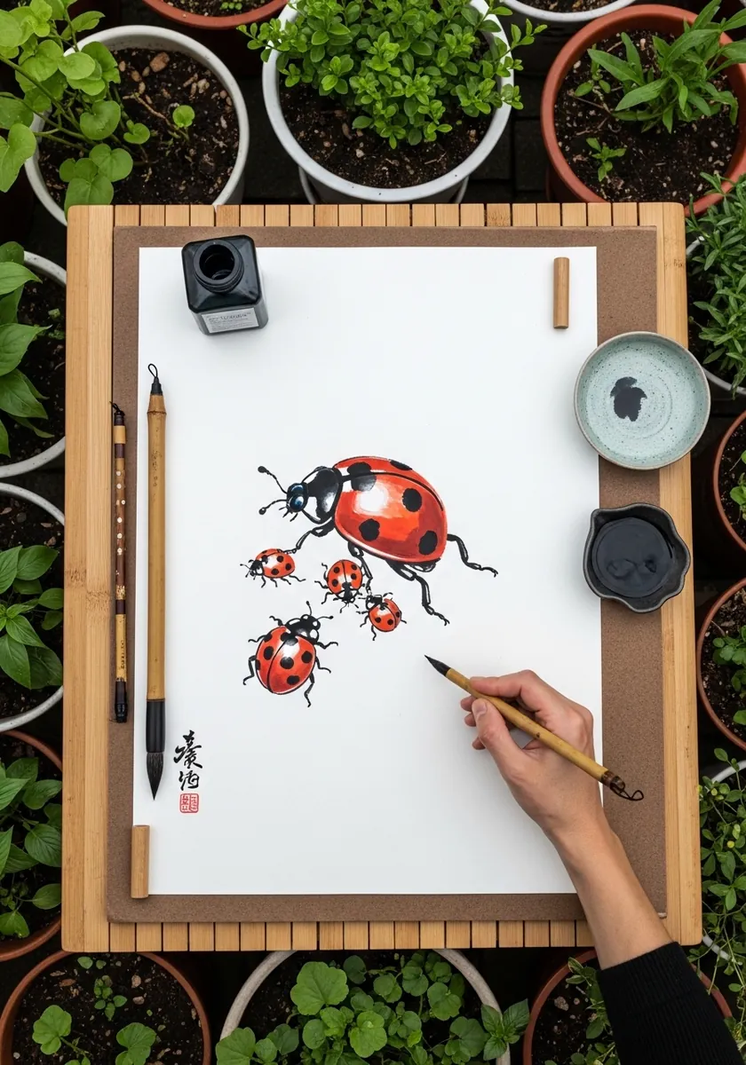 Minimal sumi-e ink ladybugs painted with a brush and a small red artist seal
