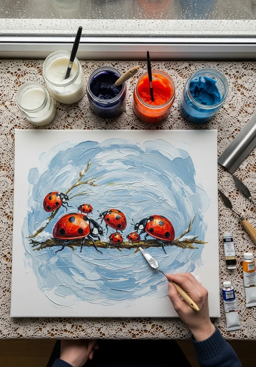Gouache ladybugs walking along a bare branch against a soft blue background