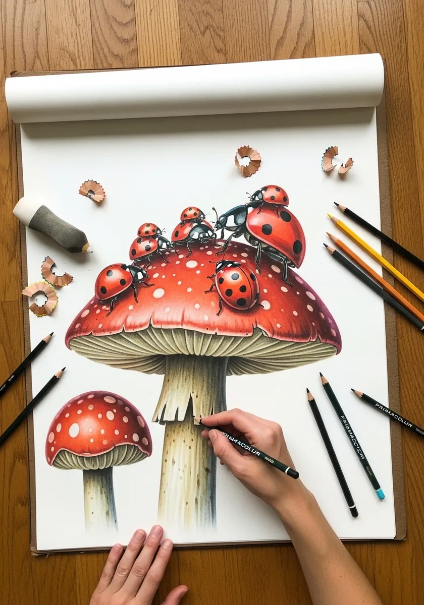 Colored pencil ladybugs sitting on red and white spotted toadstool mushrooms