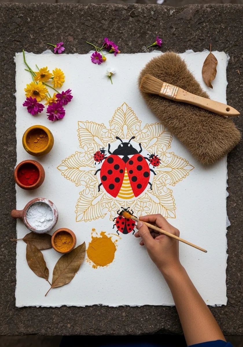Folk style ladybug with gold line patterning on a decorative flower motif
