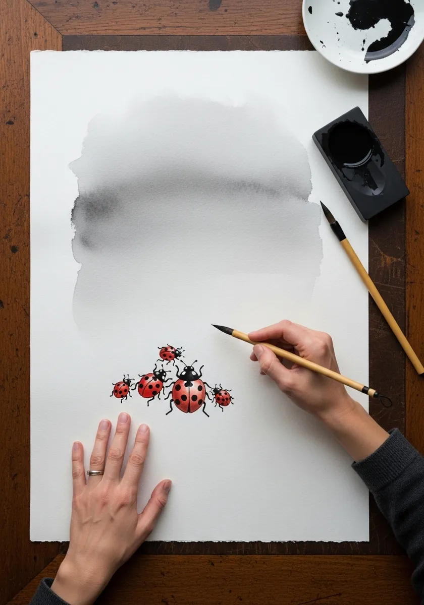 Small group of ladybugs painted simply beneath a loose gray watercolor wash