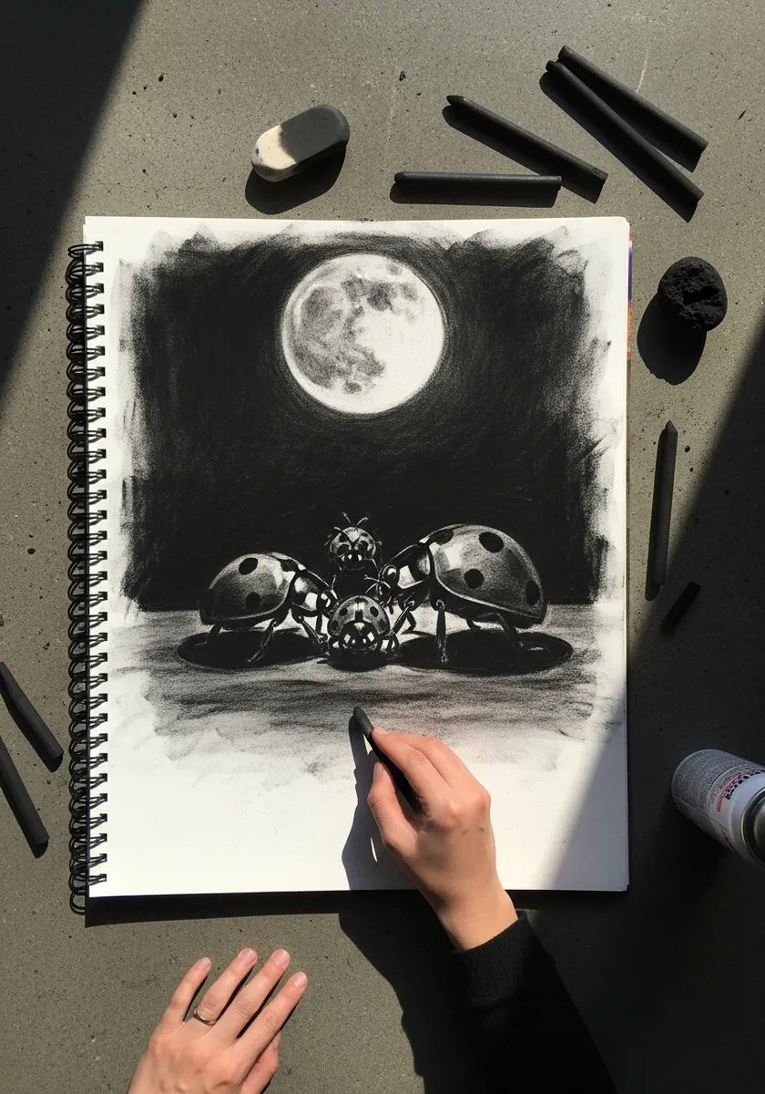 Charcoal drawing of ladybugs on a branch silhouetted against a large full moon