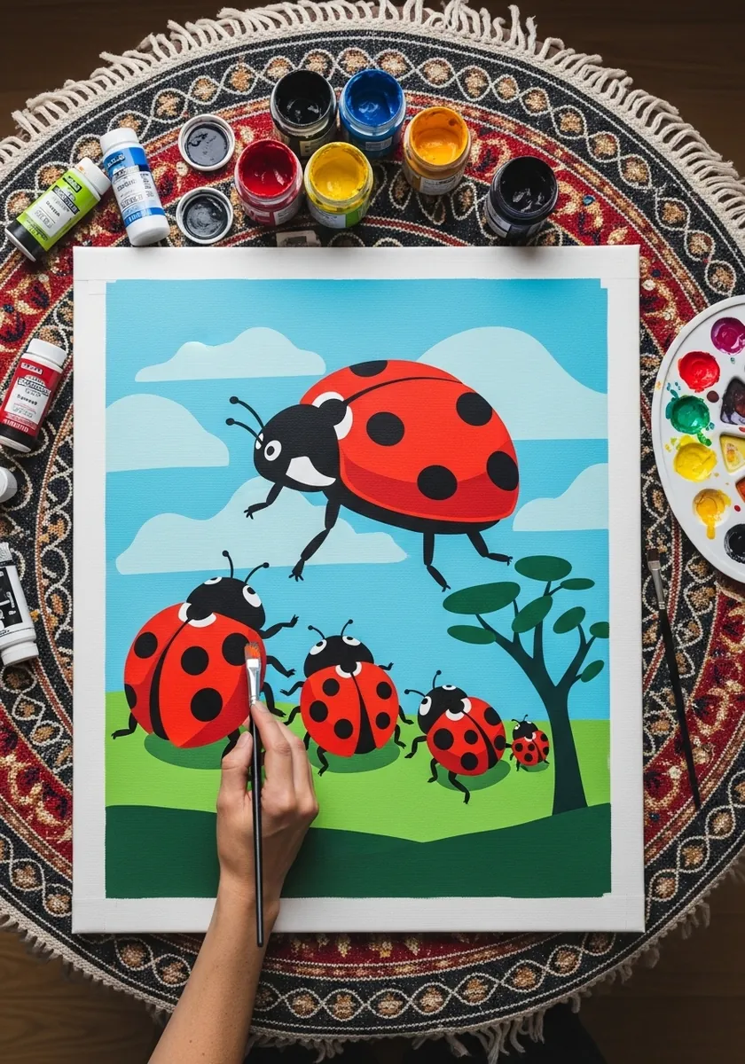 Bold flat gouache ladybugs on a green hill against a bright blue sky