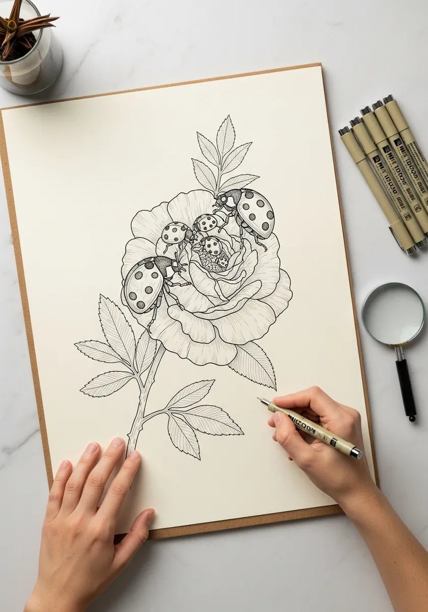 Delicate unfinished contour drawing of ladybugs among rose petals and leaves