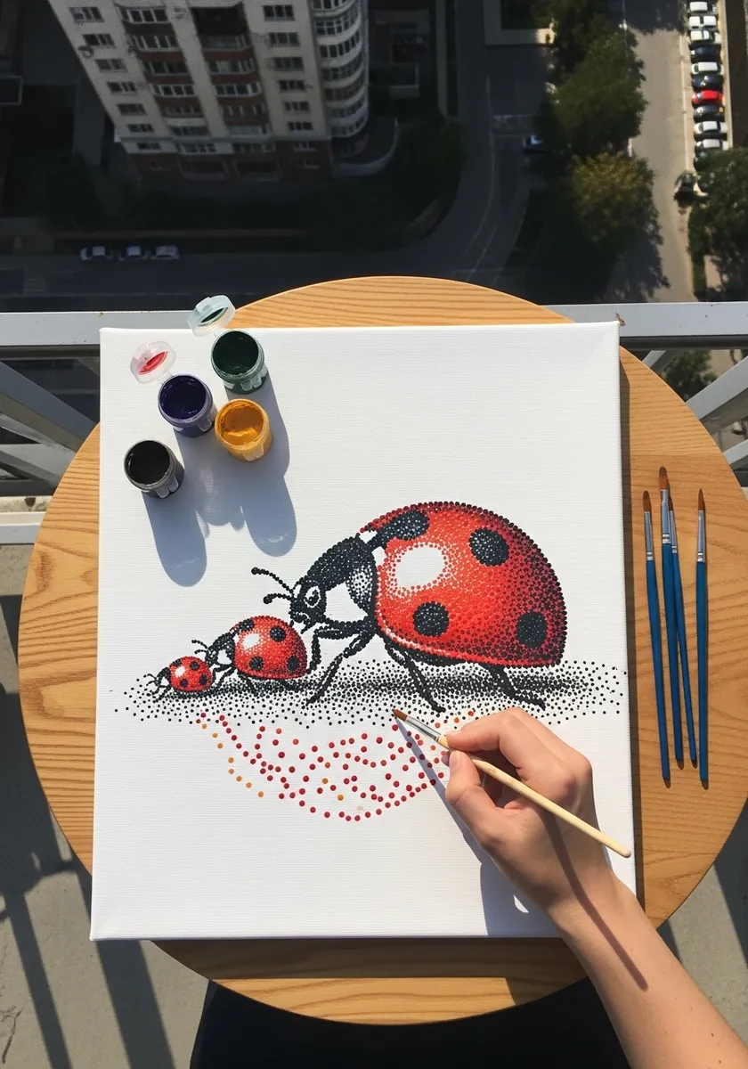 Ink stippled ladybug with a spray of small red dots trailing behind it