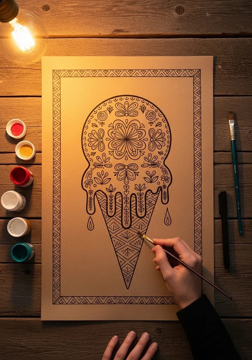 Ice cream cone filled with fine mandala patterning and gold line on kraft paper