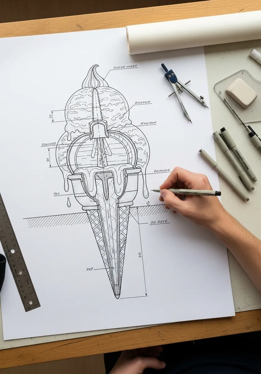 Labeled technical drawing of an ice cream cone with callout lines and notes
