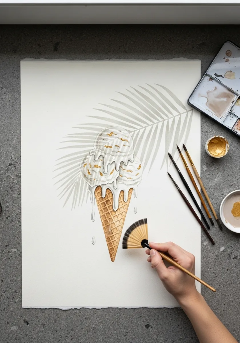 Minimal pale ice cream cone on white paper with a soft palm leaf shadow