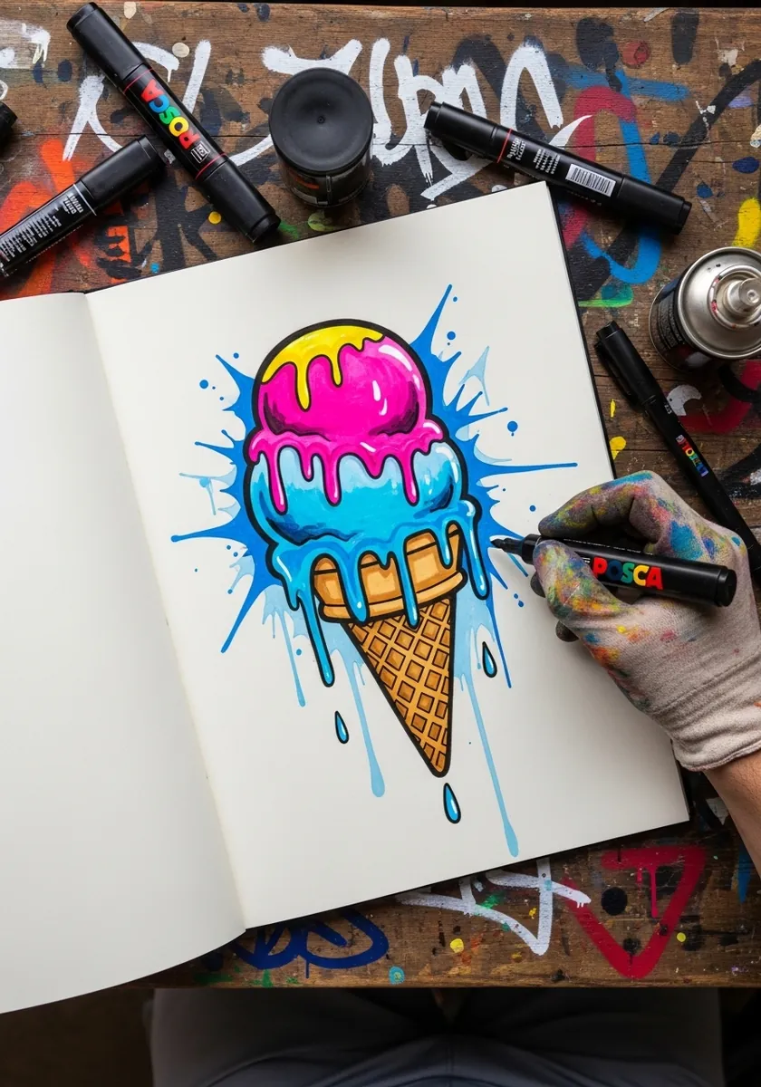 Bright graffiti style ice cream with splattered paint and heavy black outline