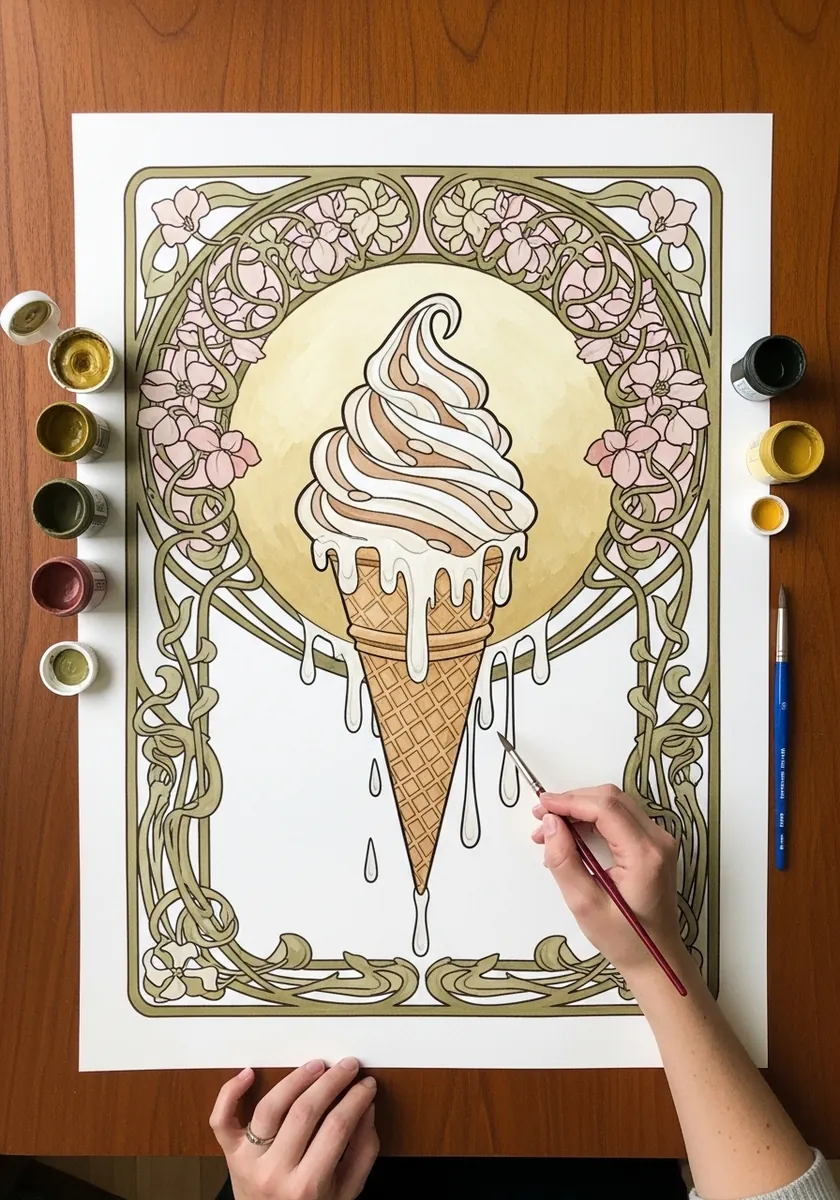 Elegant soft serve inside an art nouveau border of curving lines and flowers