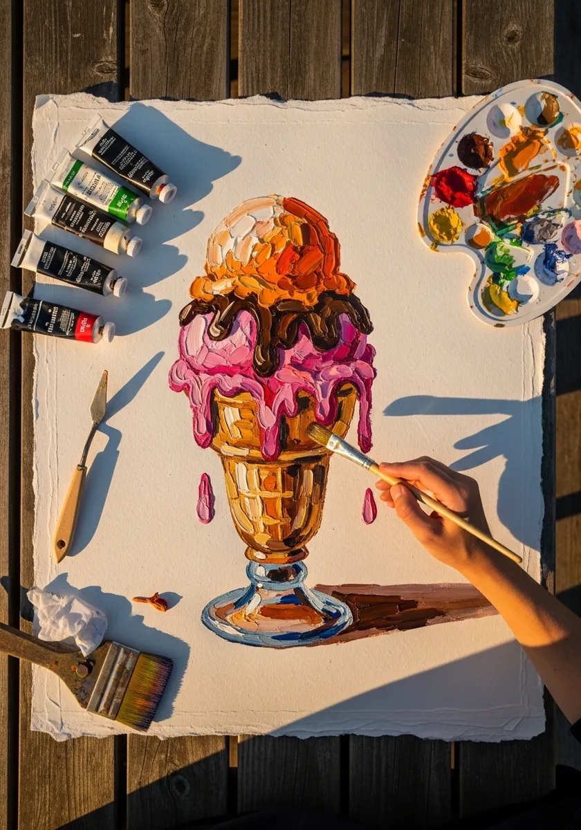 Thickly painted acrylic sundae in a tall glass with visible brush texture