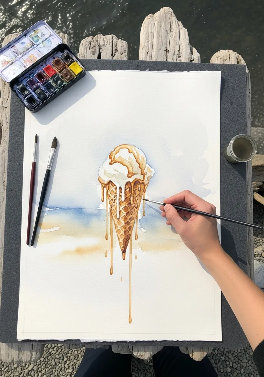 Simple watercolor ice cream cone against a pale sand and sky horizon