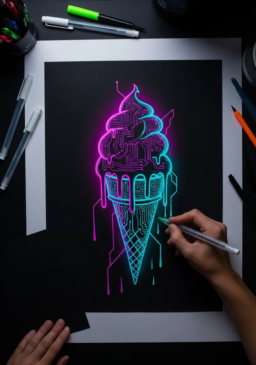 Neon pink and cyan outlined ice cream cone glowing against black paper