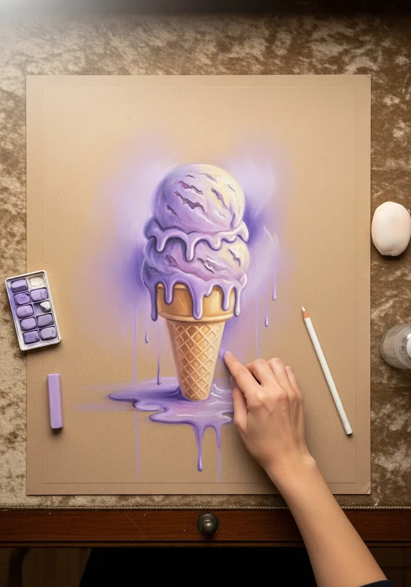 Soft airbrushed lilac ice cream with a glowing halo on brown kraft paper