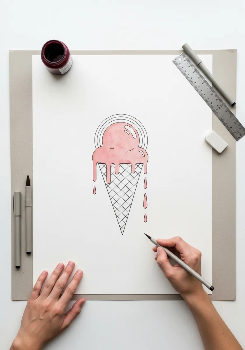 Simple pale pink line drawing of an ice cream cone with a few small drips