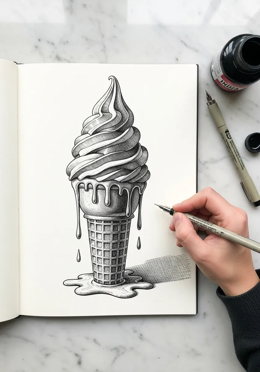 Detailed graphite soft serve swirl with drips forming a puddle beneath it