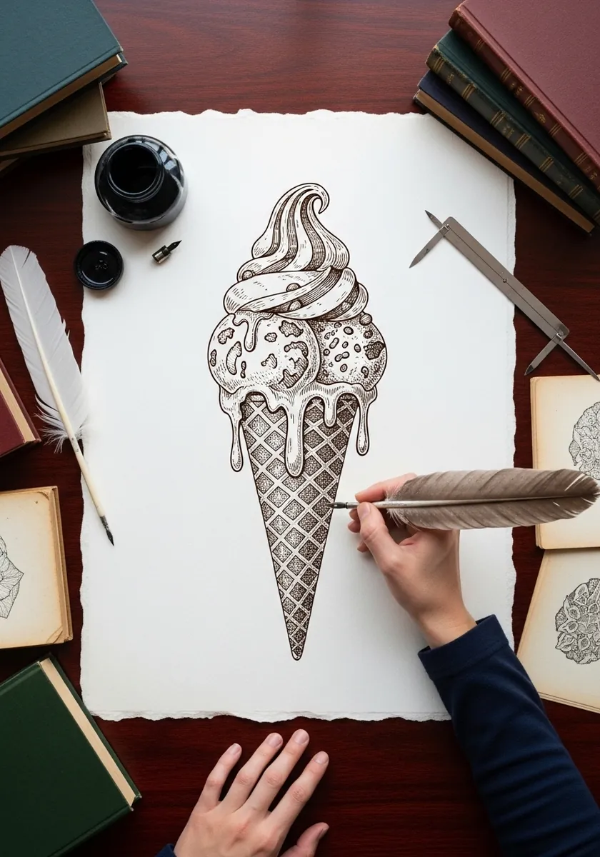 Fine ink ice cream cone drawn in vintage engraving style with dense hatching