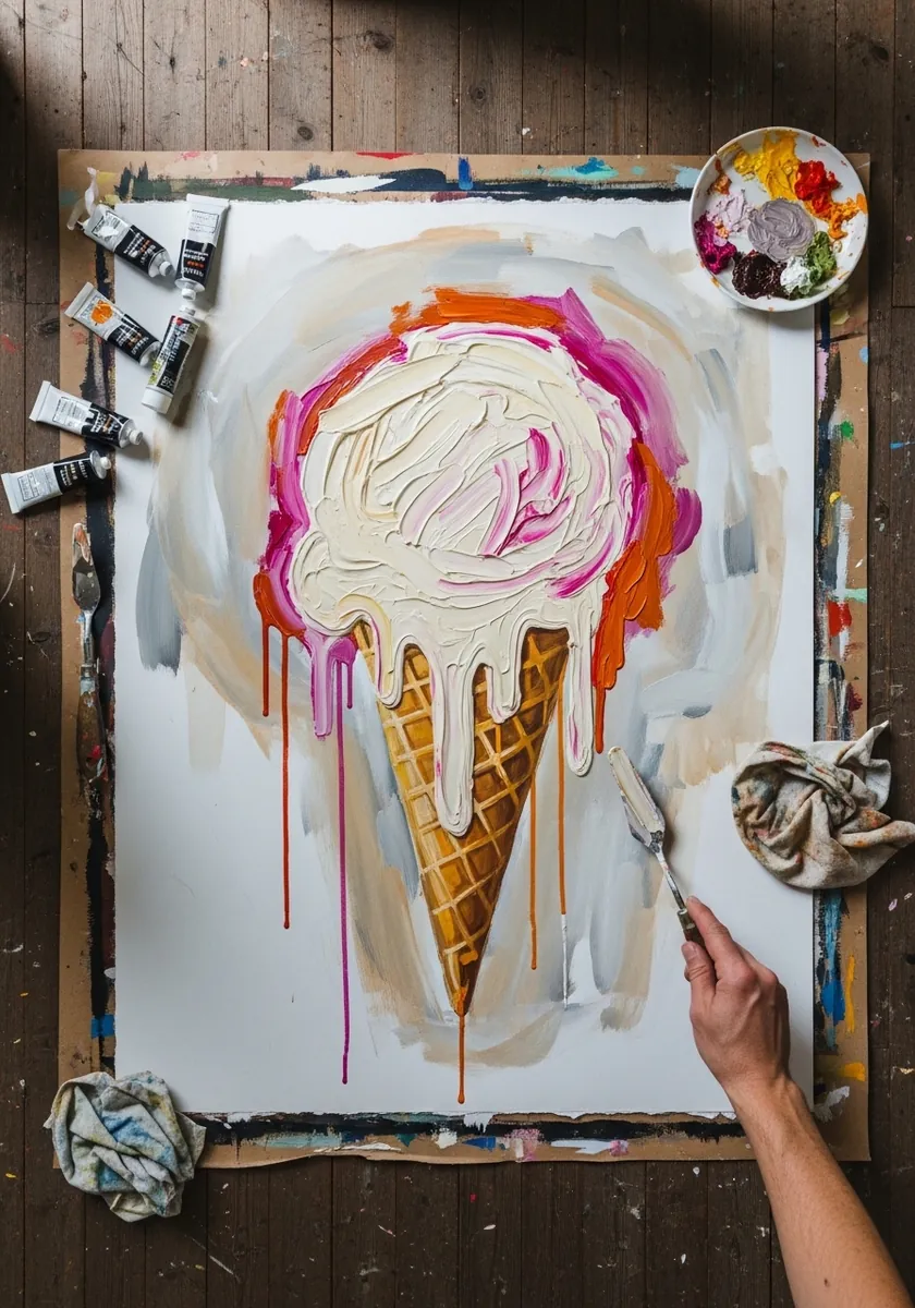 Ice cream painted thickly with a palette knife in cream pink and orange
