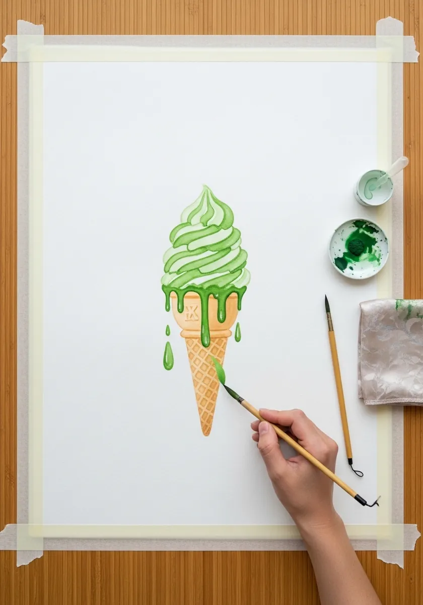 Green matcha soft serve painted in gouache on paper with taped edges
