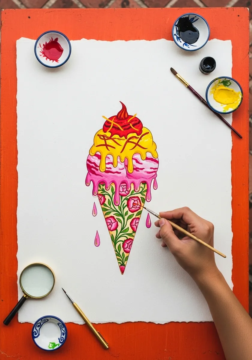 Ornate folk patterned ice cream cone painted against a bright red background