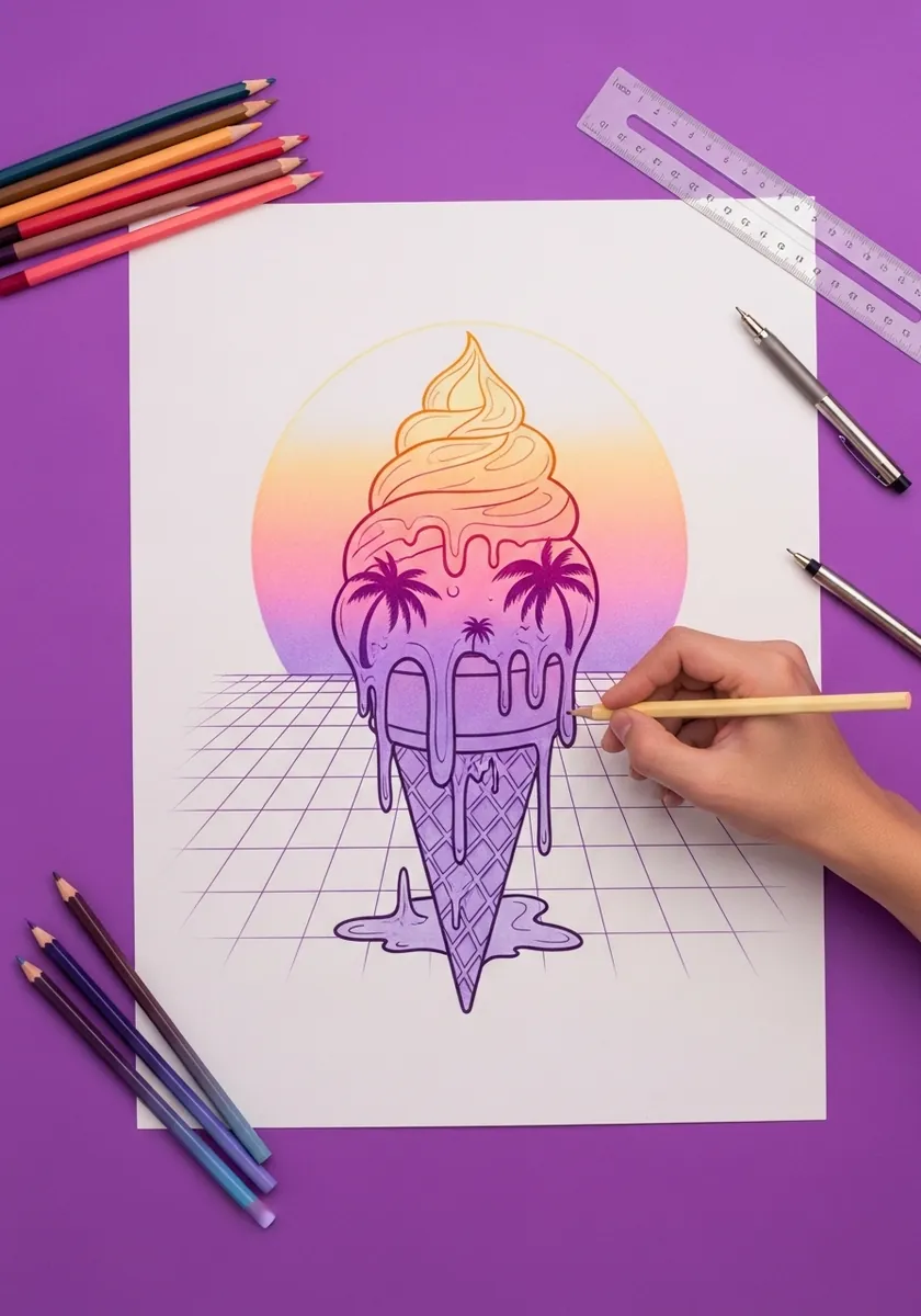 Pastel vaporwave ice cream cone above a purple grid with palm silhouettes