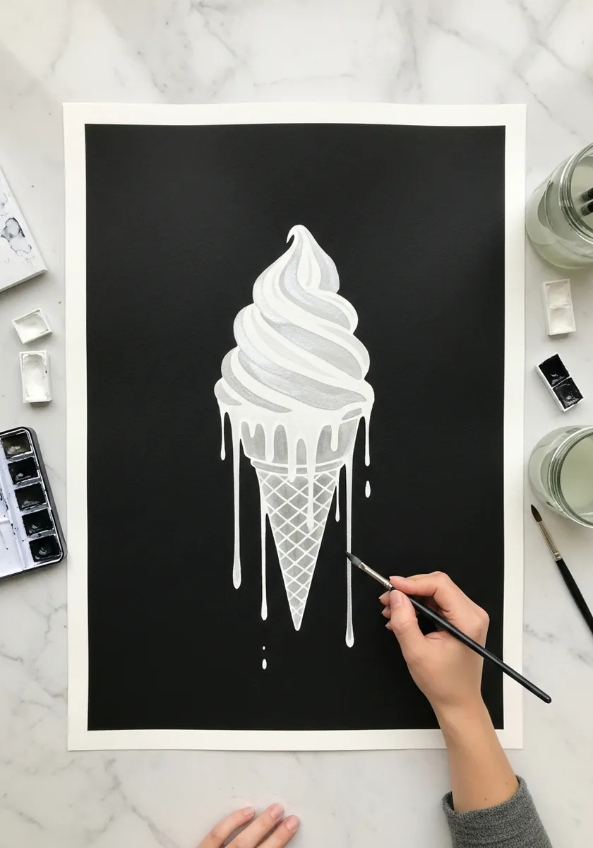 White soft serve ice cream painted with opaque white paint on black paper