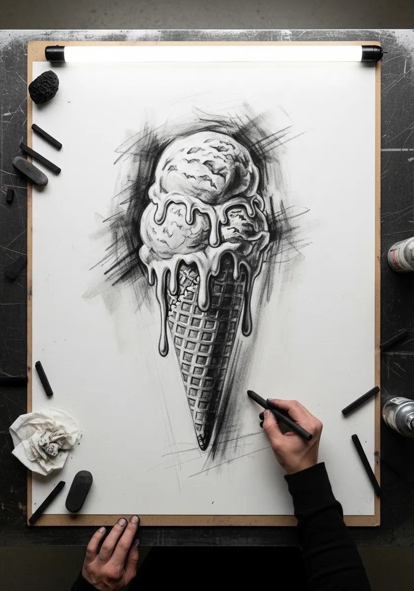 Dramatic charcoal ice cream cone against an energetic scribbled dark background