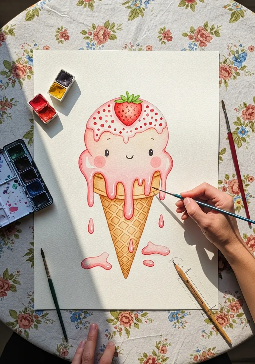 Cute pink strawberry ice cream with a smiling face and a whole strawberry on top