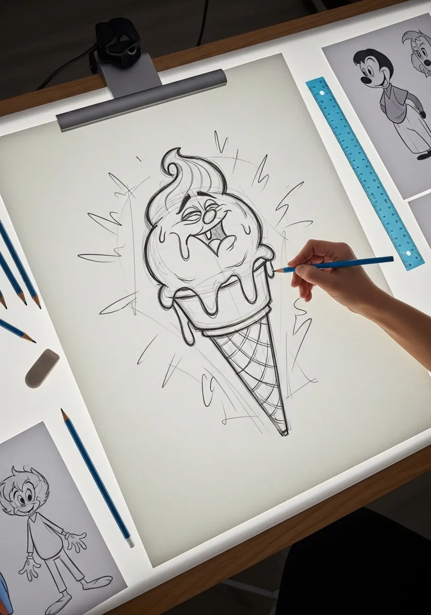 Ink cartoon melting ice cream with a face and radiating action lines around it