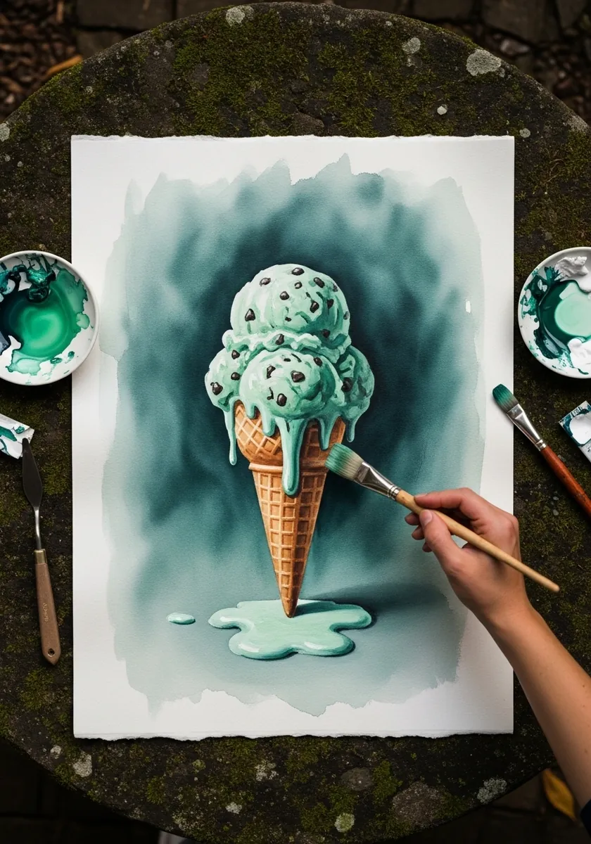 Deep teal watercolor ice cream scoops against a dark green atmospheric wash