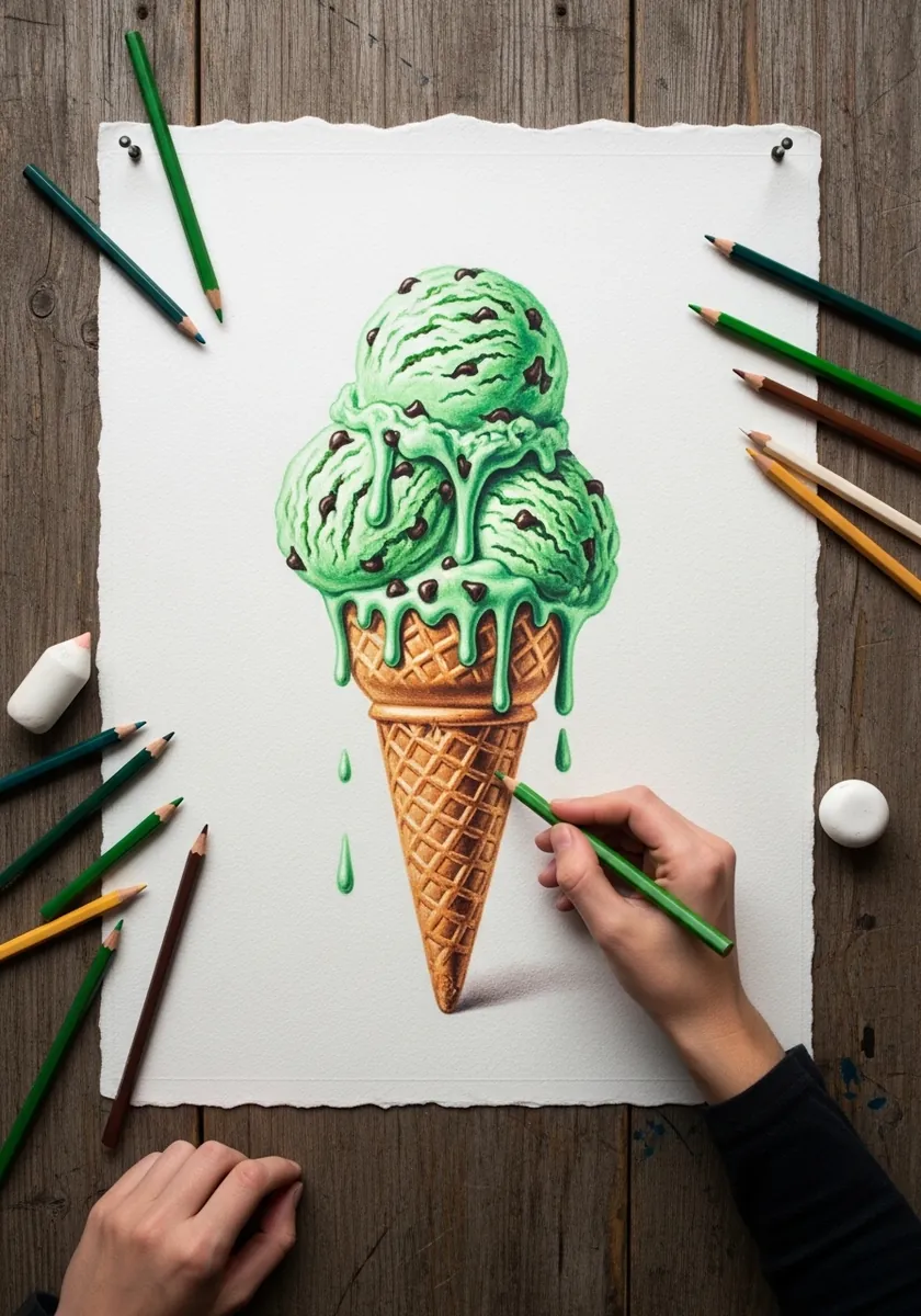 Colored pencil mint green ice cream with chocolate chips and green drips