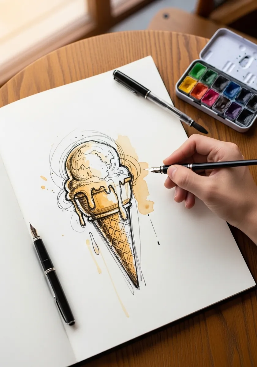 Loose ink line ice cream cone with warm caramel colored wash in a sketchbook