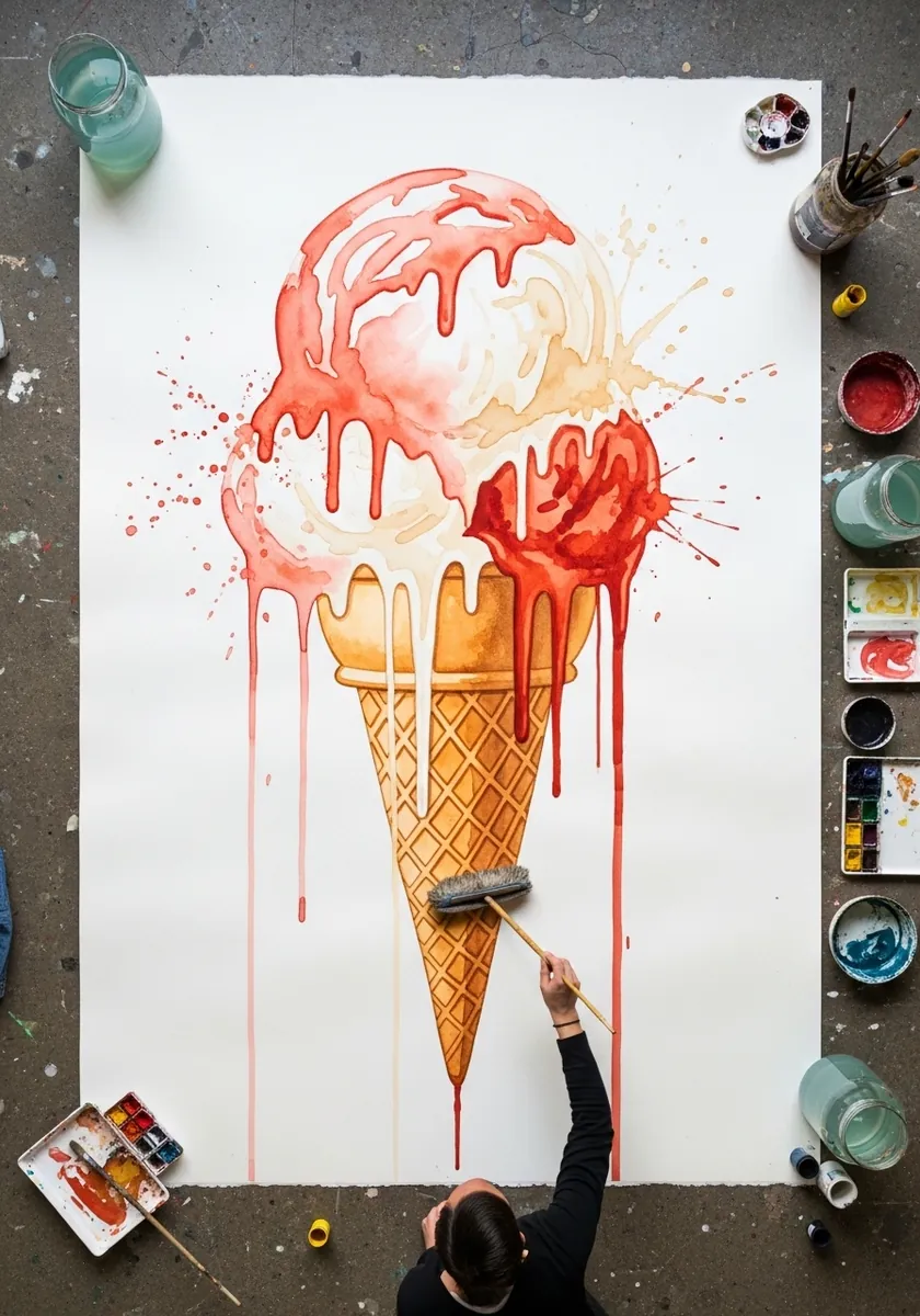 Large red and orange ice cream painted boldly with paint running down the paper