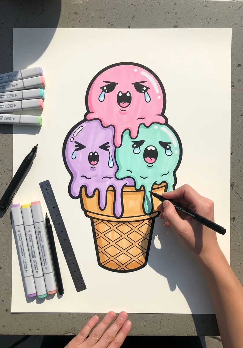 Bright marker ice cream with three scoops drawn as cute faces with blush