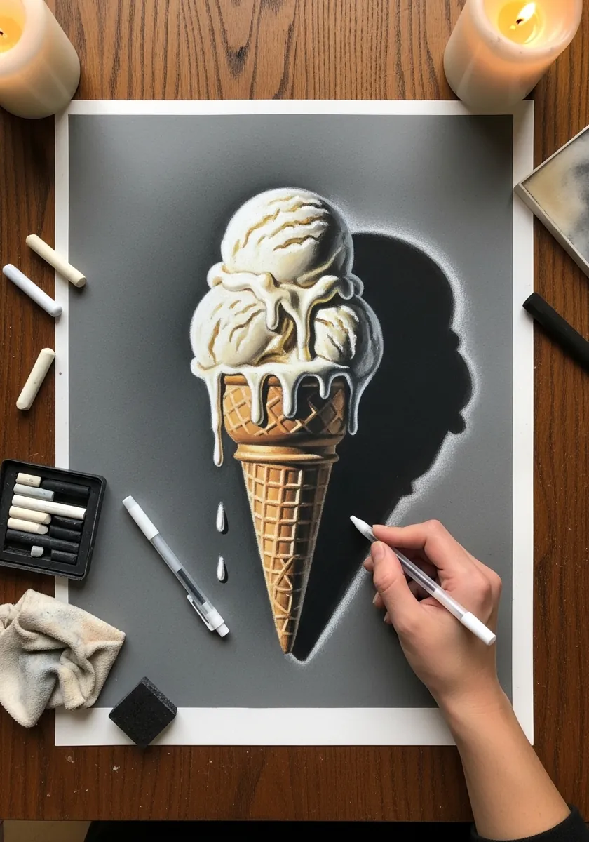 Pale vanilla ice cream drawn in white chalk on gray paper with a hard shadow